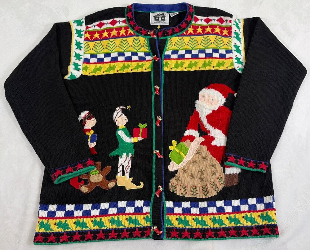 VTG Storybook Knits Medium Cardigan Sweater Christmas Santa Elves FS Charity